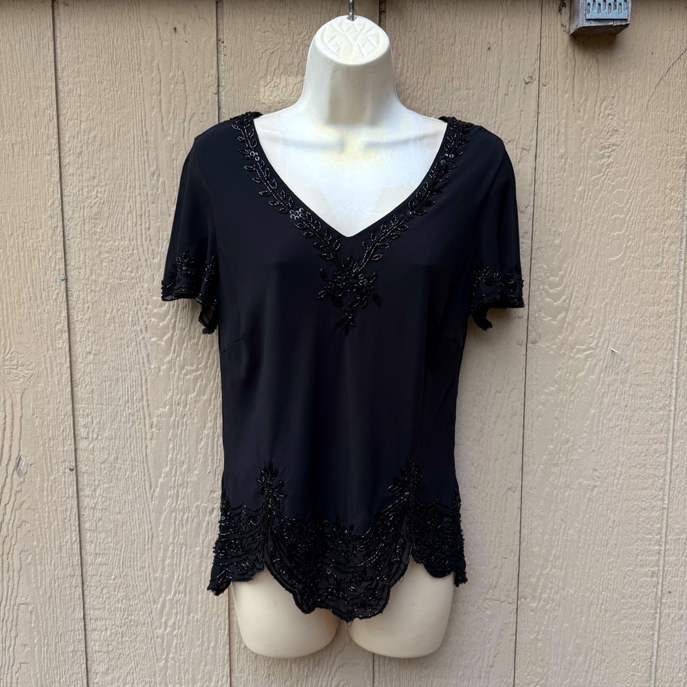 Vintage K Studio Black Beaded Formal Blouse  Shirt Women’s 10 Floral Shiny